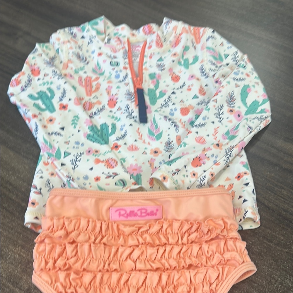 Ruffle Butts Floral Rash Guard Set - Orange and White